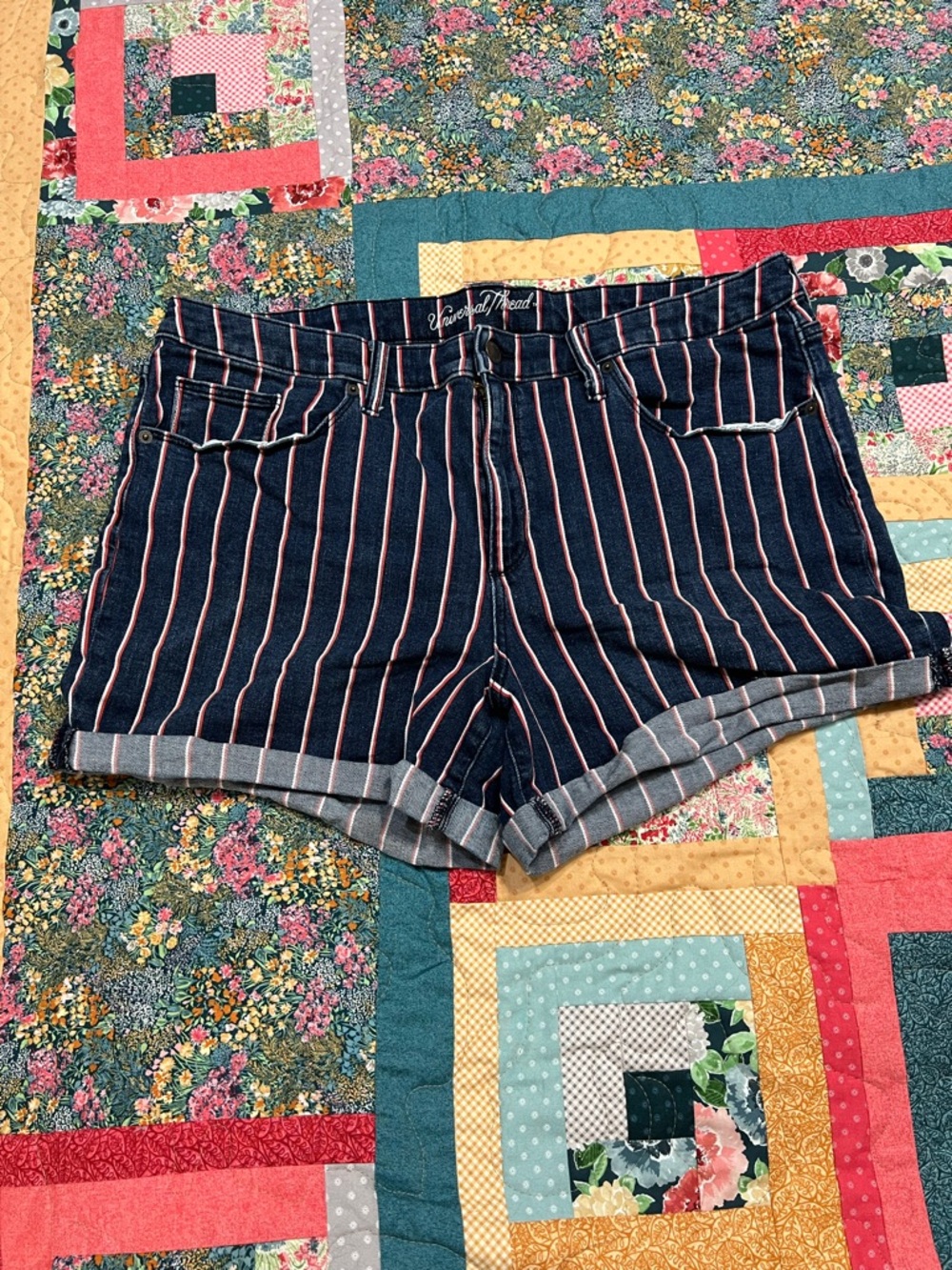 Universal Thread Navy Jean Shorts with Pink Stripes